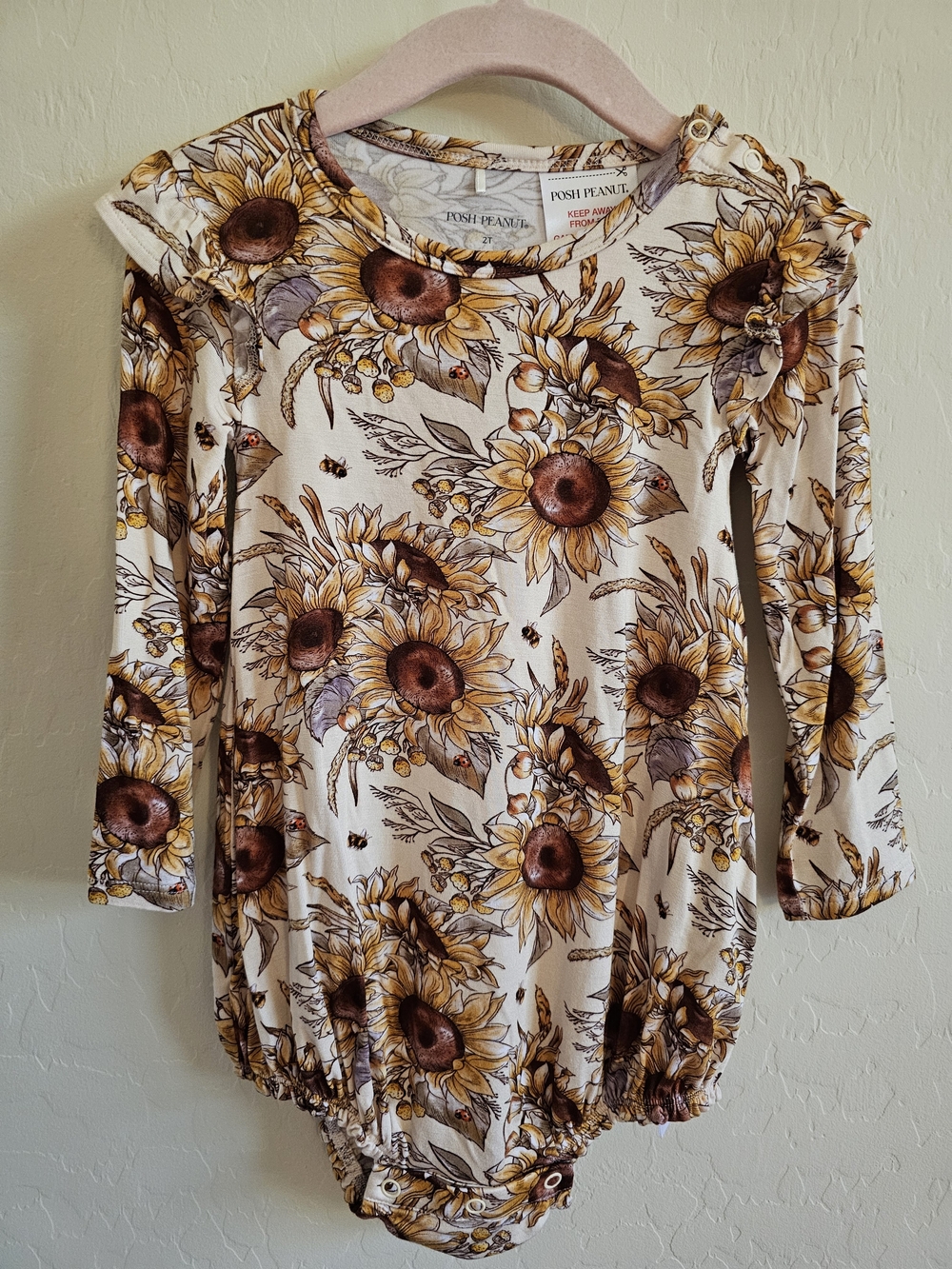 Posh Peanut Teagan Ruffled Sunflower Print Long Sleeve Bubble Rompler 2T